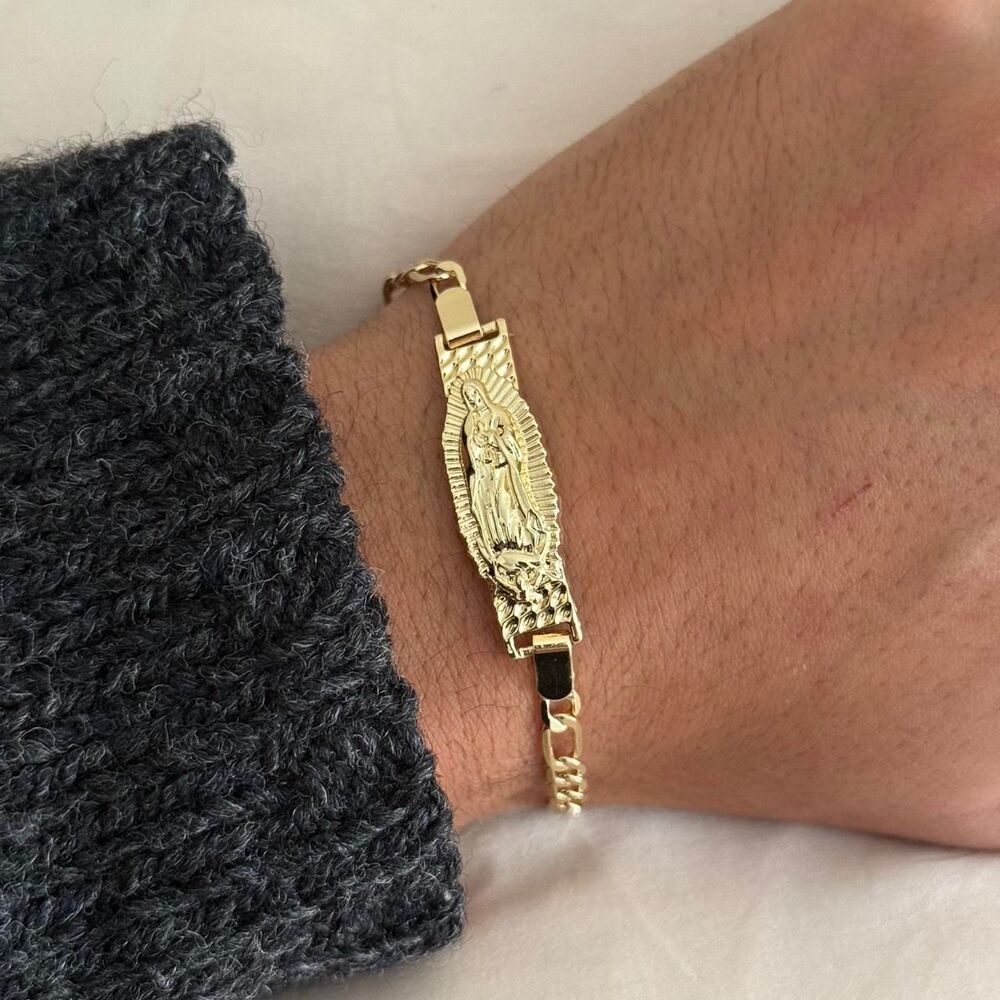 14k gold plated gold virgin mary cuban link figaro bracelet